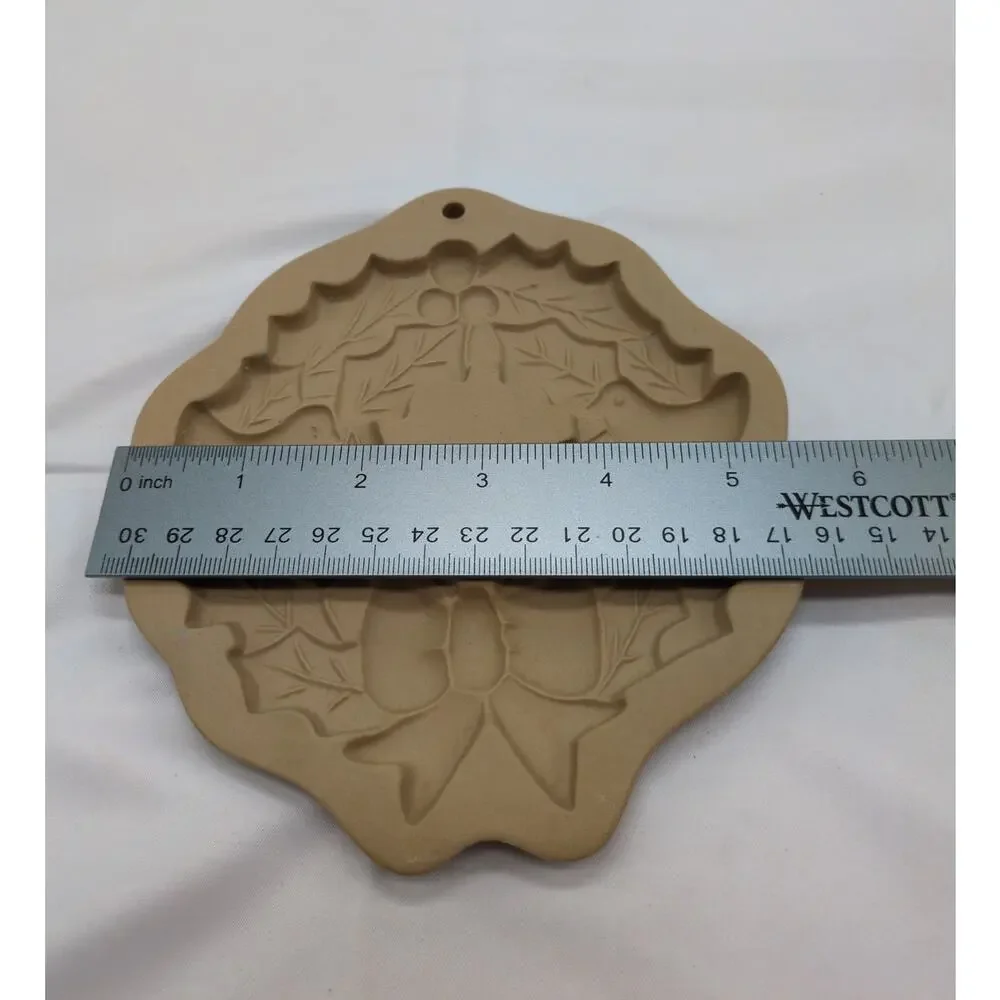 1988 Hill Design Brown Bag Cookie Art Holly Wreath Birds Stoneware Mold Vintage